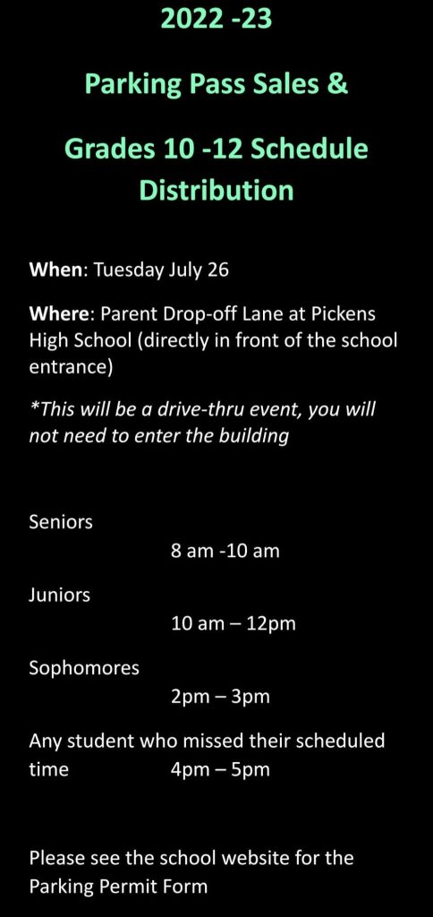 The image details the different times students will be expected to go to Pickens High School